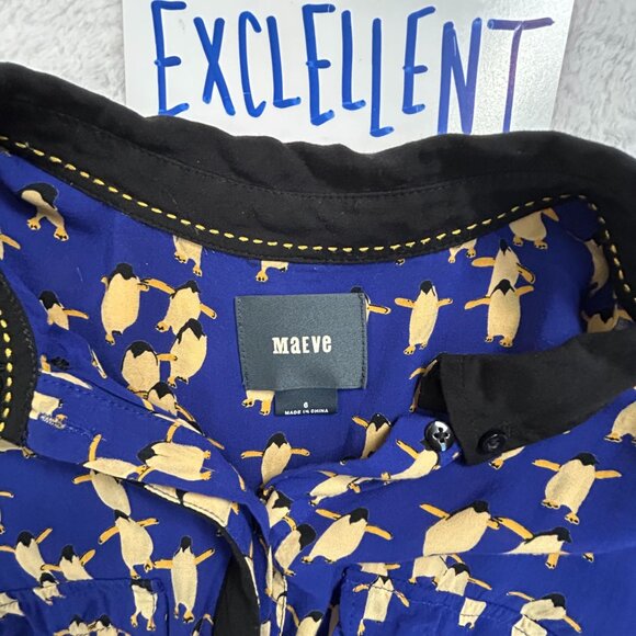 Maeve Womens Penguin Print Button-Up Long Sleeve Blouse Shirt Size 6 Blue Casual - Picture 3 of 8